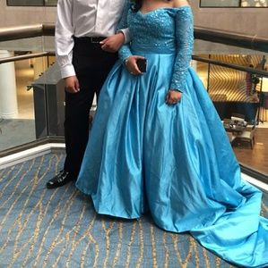 Ice Blue Off  Shoulder Beaded Satin Gown w Train